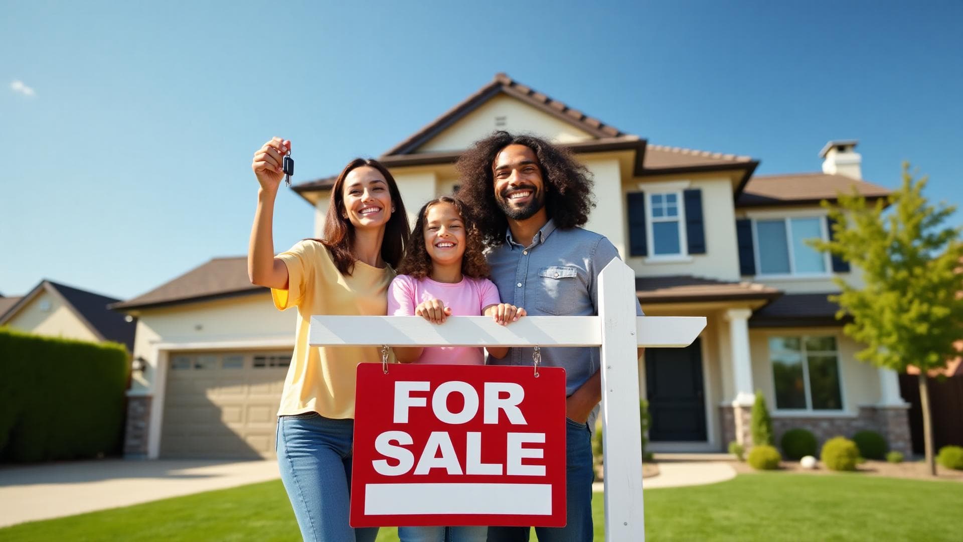 Family standing in front of a home for sale