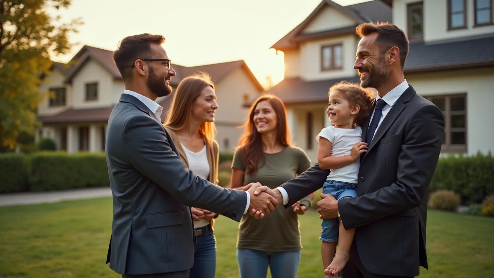Investor and family shaking hands in front of a home